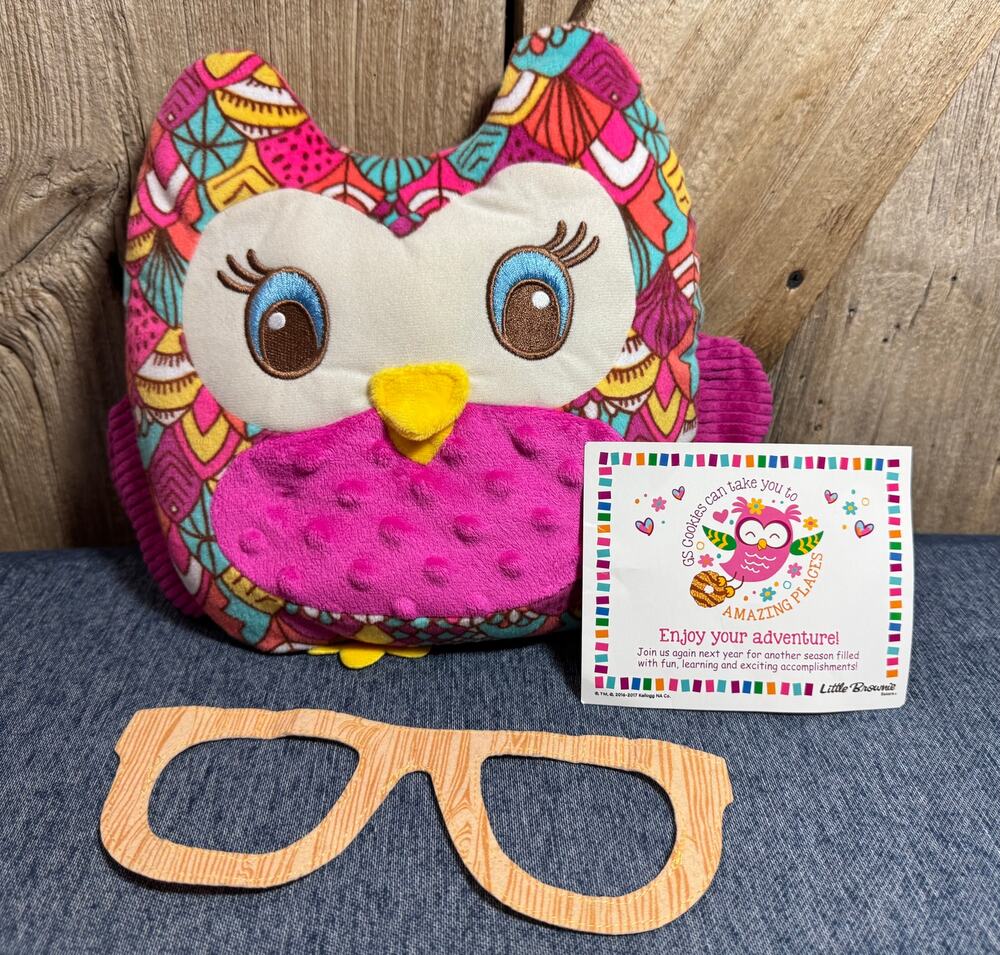 Girl Scout Plush Owl Little Brownie Bakers 100 Years Cookies Pillow & Glasses